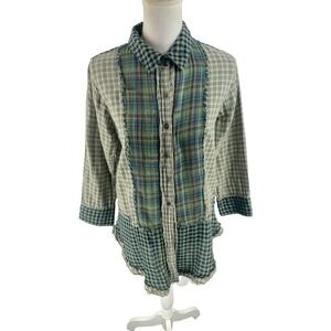 Paper Lace Womens M Cotton Gauze Boho Lagenlook Colorblock Plaid Tartan Blouse